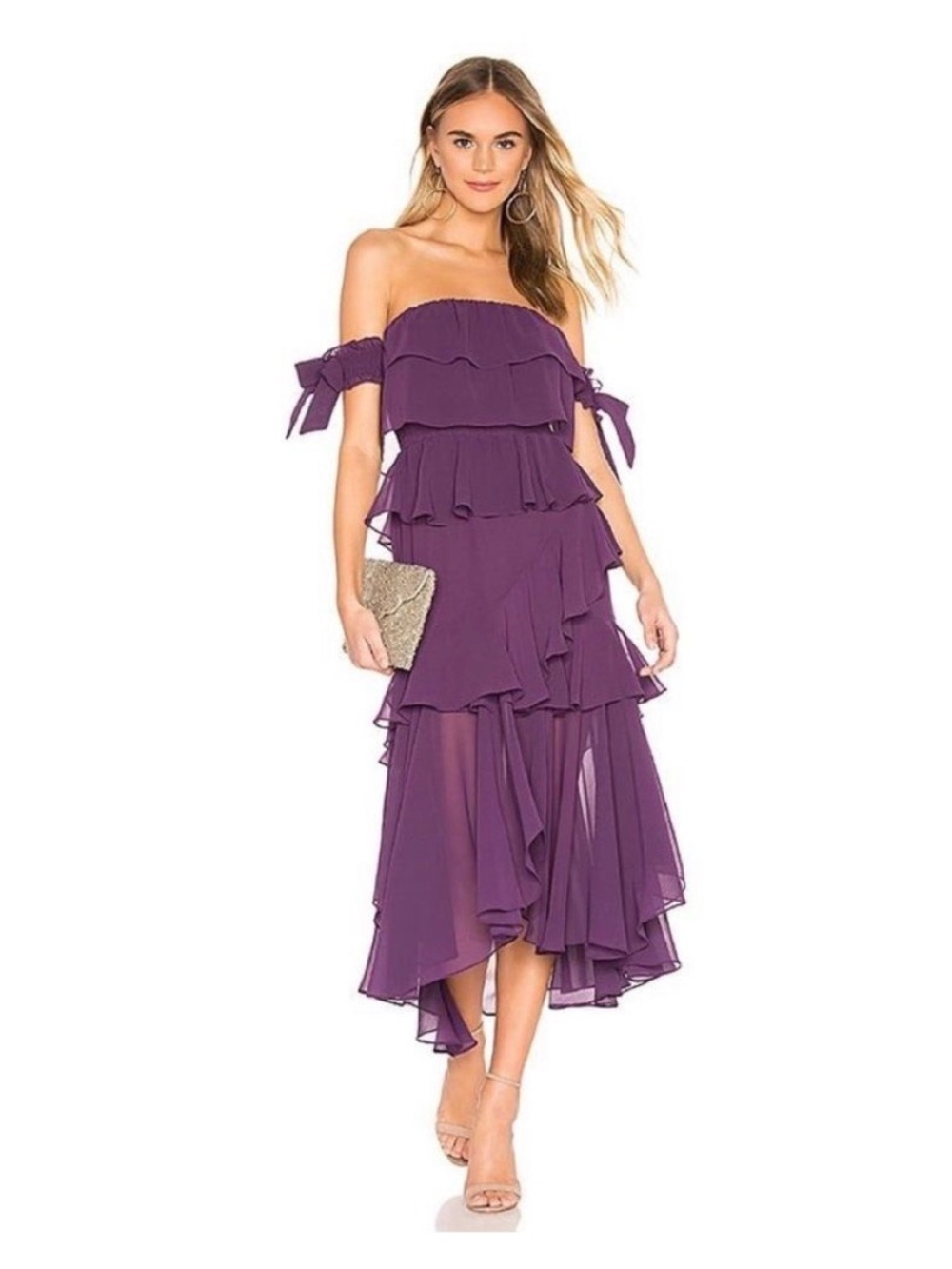 Misa Los Angeles Purple Off-Shoulder Ruffled Midi Dress